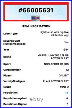 1994 Flair Marvel Universe Power Blast Gambit #12 Psa Mint 9