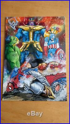 2016 Marvel Masterpieces 4 Panel AP Thanos Vs Avengers Sketch By Petraites Nm/Mt