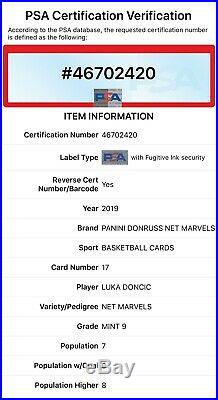 2019-20 Luka Doncic Donruss Net Marvels Insert SP PSA 9 MINT Dallas Mavericks