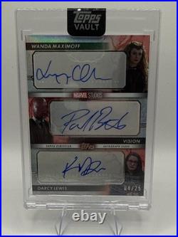 2026 Marvel Vault Orange /25 Triple Autograph Wanda, Vision, And Darcy MT-EPK
