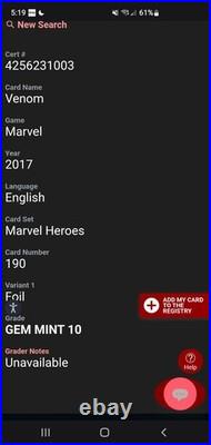 Panini Marvel Heroes Venom Red Ice Foil Rare! PoP 5 OLD Cert 9.5 NEW GEM 10