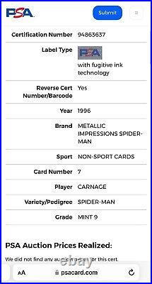 SPIDER-MAN CARNAGE PSA GRADED MINT 9 POP 3 None HIGHER 1996 Metallic IMPRESSIONS